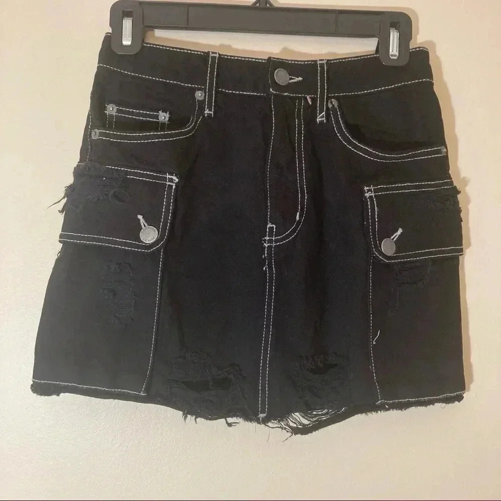 NWOT LF Carmar black  mini skirt distressed white stitching